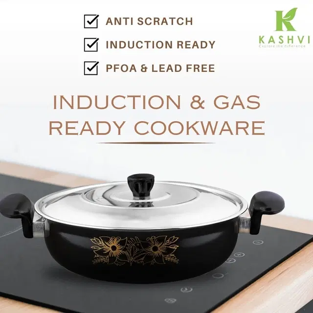 Cast Iron Kadai with Lid, Black & Silver, 28 cm