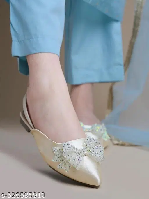 Embellished Open Toe Flats for Women (Cream, IND-3)