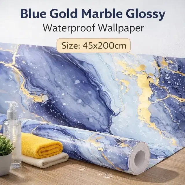 Blue Gold Marble High Glossy  WaterProof , Stain Resistance Wallpaper (45*200 cm)