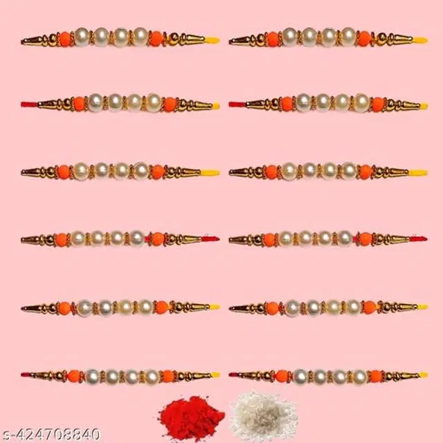 Handmade Designer Rakhi with Roli Chawal, Multicolor, Pack of 12