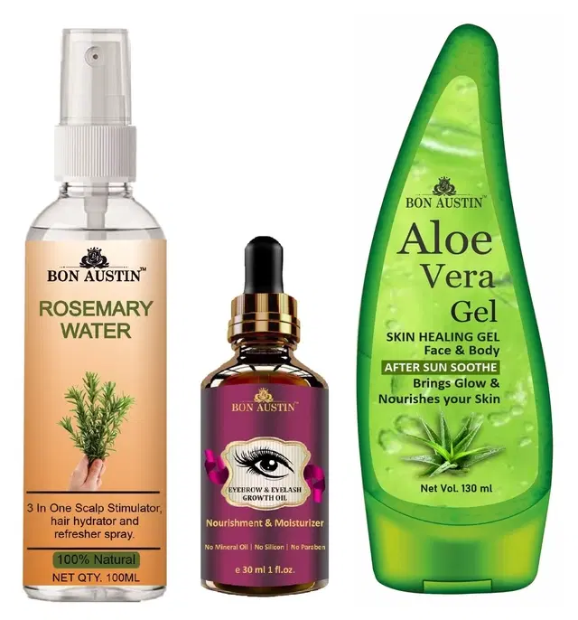 Bon Austin Natural Rosemary Water, 100 ml with Eyebrow And Eyelash Growth Oil, 30 ml & Aloe Vera Face Gel, 30 ml, Set of 3