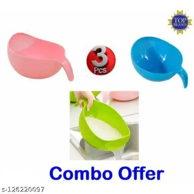 Rice & Fruits Washing Bowl with Handle, Multicolor, Pack of 3