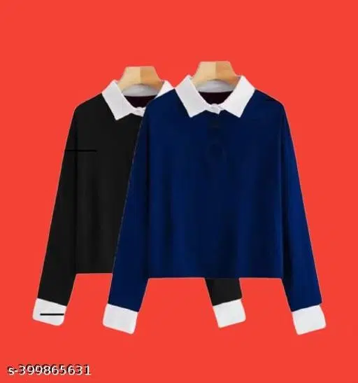 Cotton Blend Solid Polo T-Shirt for Women, Blue & Black, Pack of 2 (L)