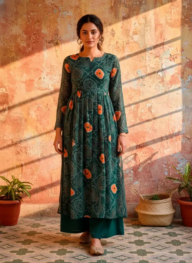 Bindu Bandhej Naira Kurti for Women (Green, M)