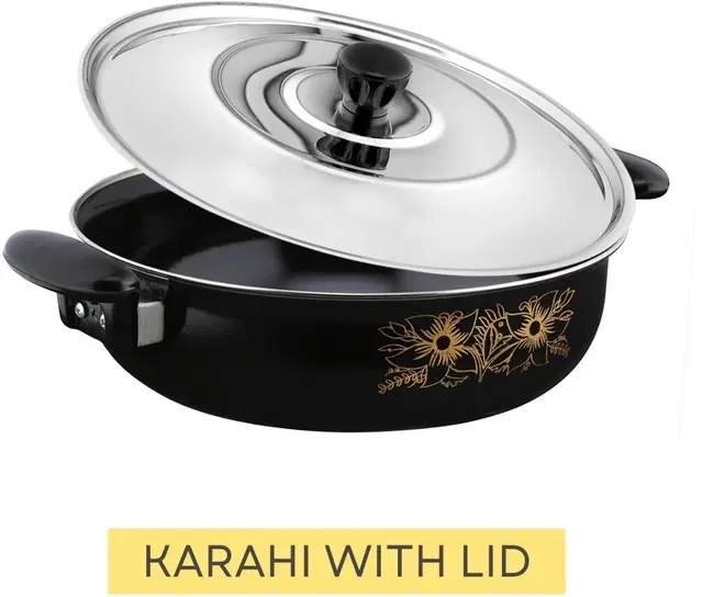 Cast Iron Kadai with Lid, Black & Silver, 28 cm