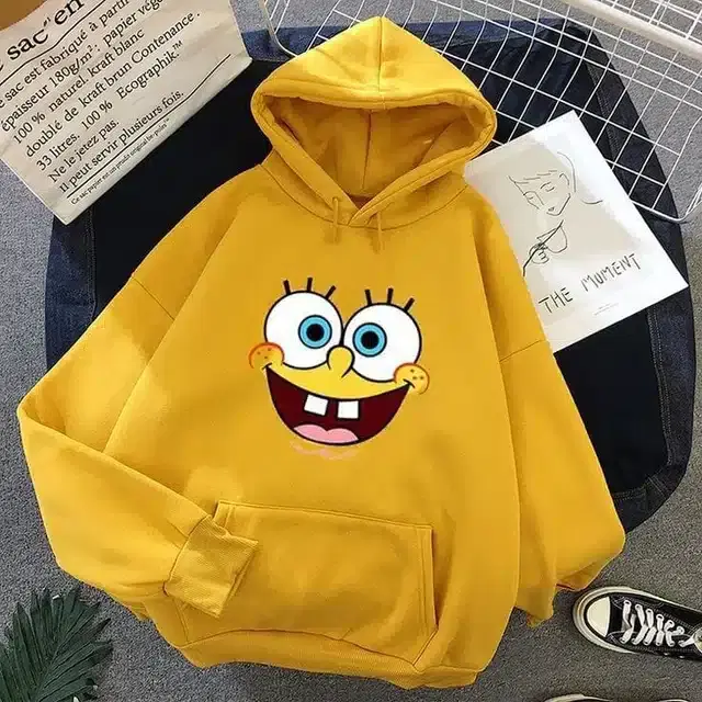 Fleece Printed Hoodie for Women (Mustard, S)