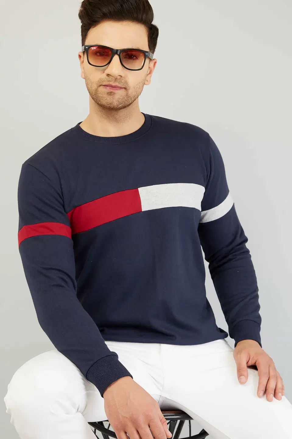 GESPO Mens Full Sleeve Colour Block Sweatshirt (Blue, M) (S66)