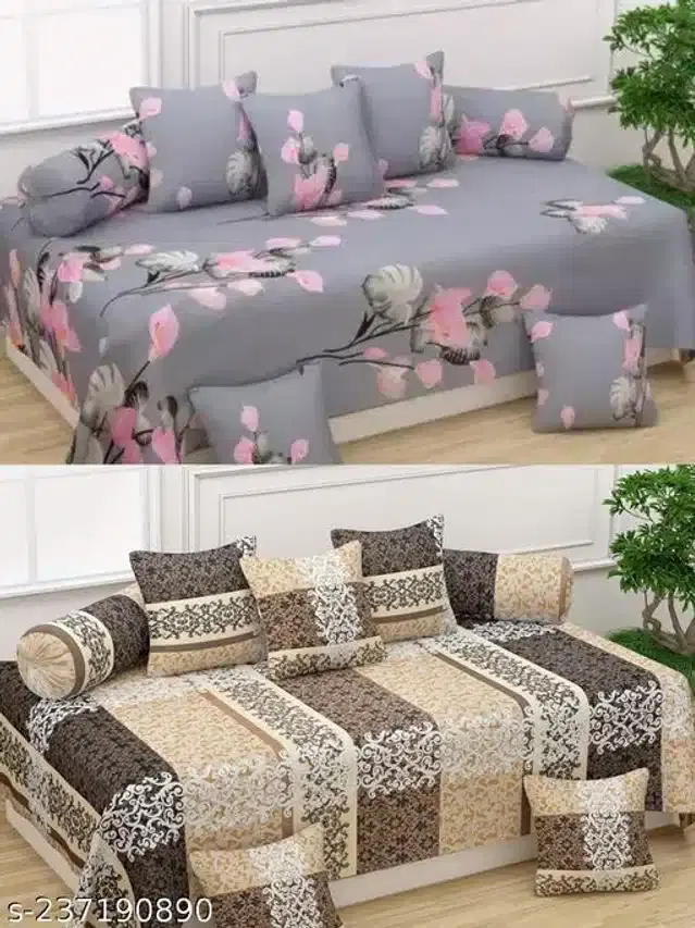 Polycotton Diwan Cover Set, Grey & Cream, Combo of 2