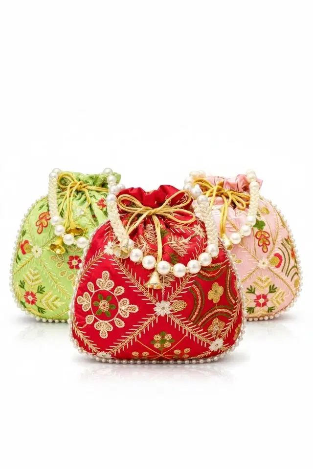Handcrafted Embroidered Silk Potli Bag, Multicolour, Pack of 3
