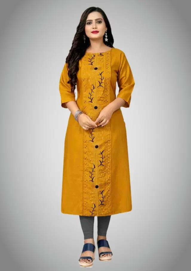 Cotton Blend Embroidered Kurti for Women (Mustard, XL)