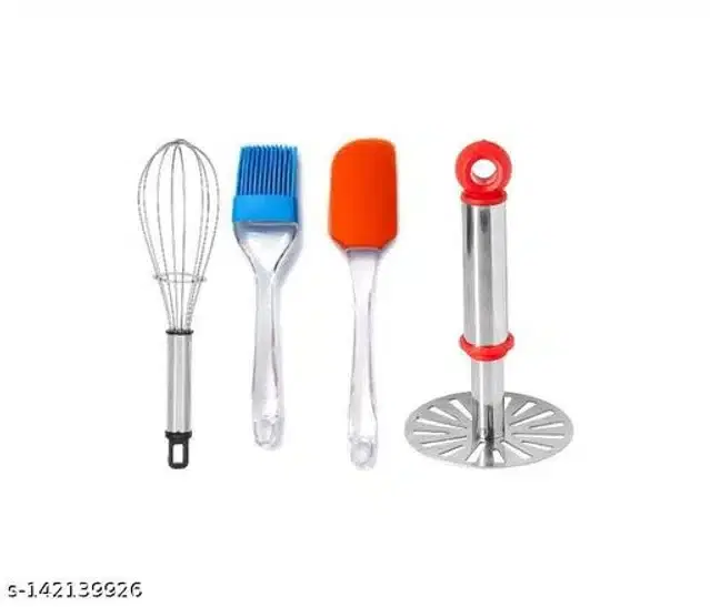 Combo of Oil Brush, Whisk, Masher & Spatula, Multicolor, Set of 4