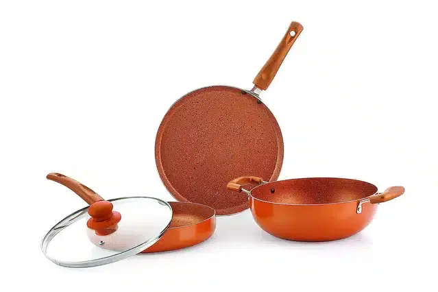 Aluminium Non Stick Tawa, Sauce Pan & Kadahi with Lid, Orange, Set of 3