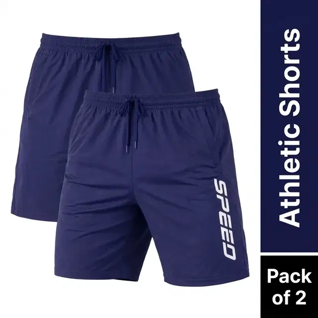 Polycotton Athletic Shorts for Men, Combo Pack of 2, Blue, L