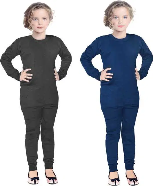Solid Kids Girl's Thermal Top & Bottom Set, Set of 2 (Black & Blue, 2-3 Years) (FE-8)