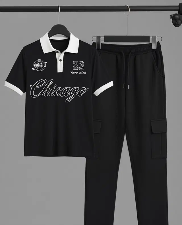 Colorblocked Night Suit For Men  Black , (M)