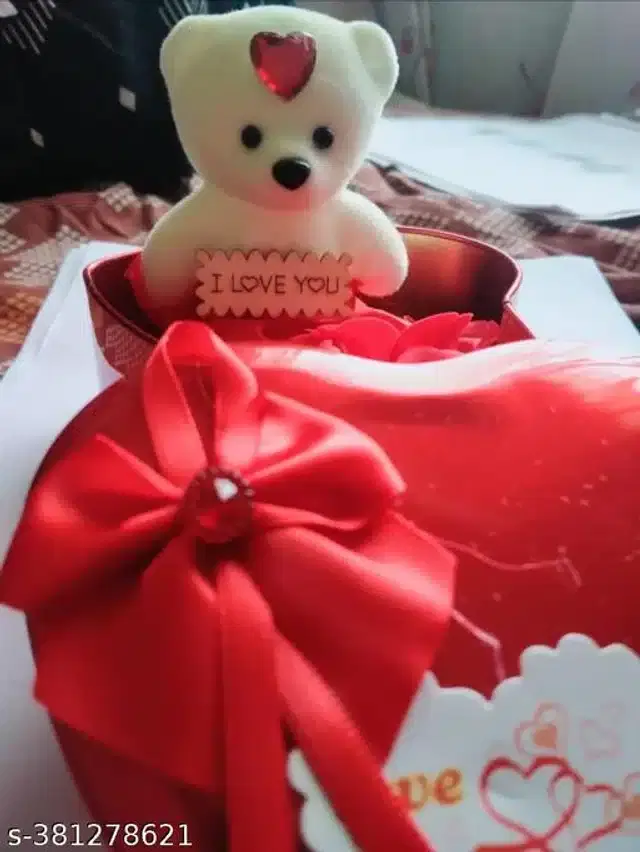 Cotton Heart Shape Gift Box Teddy Bear & Roses, White & Red