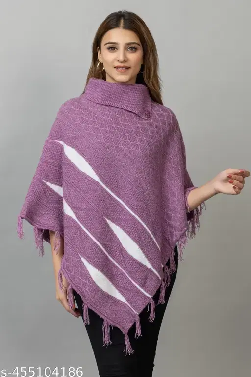 Woolen Self-Design Poncho for Women (Purple)
