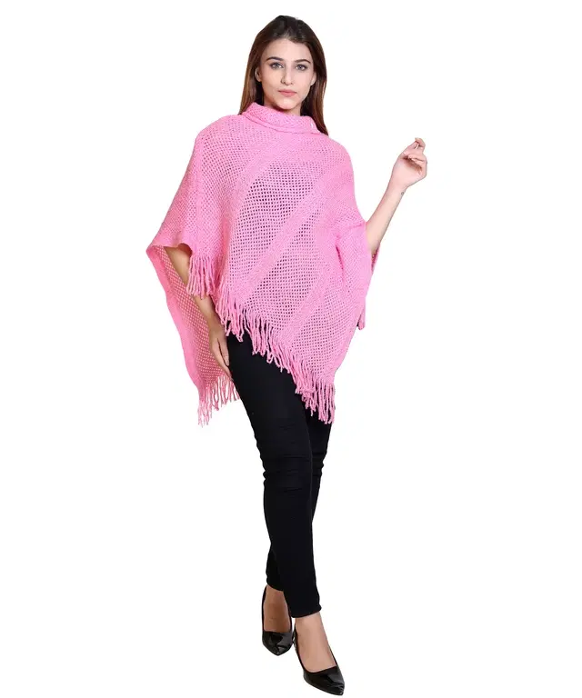 Woolen Self-Design Ponchos for Women (Pink, M)