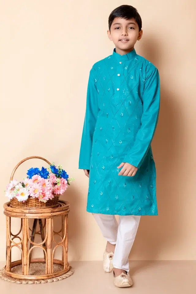 Cotton Blend Embellished Kurta with Payjama for Boys, Teal & White (5-6 Years)