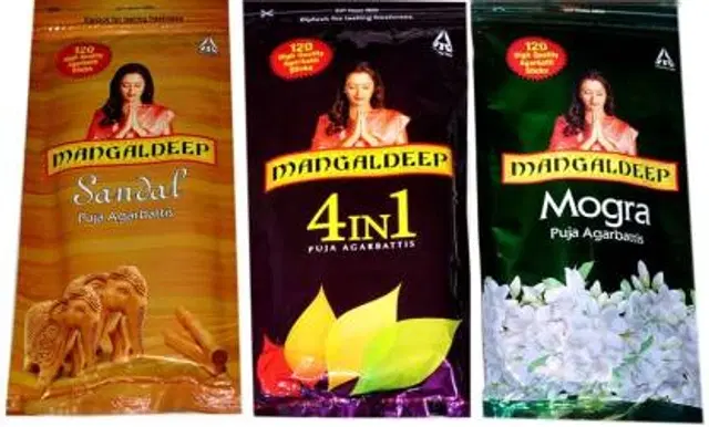 Mangaldeep Puja Agarbathis -Combo Pack-360 Ns Agarbathis-Sandal-Mogra Sandal-Mogra-3 In 1, 3, Set of 3