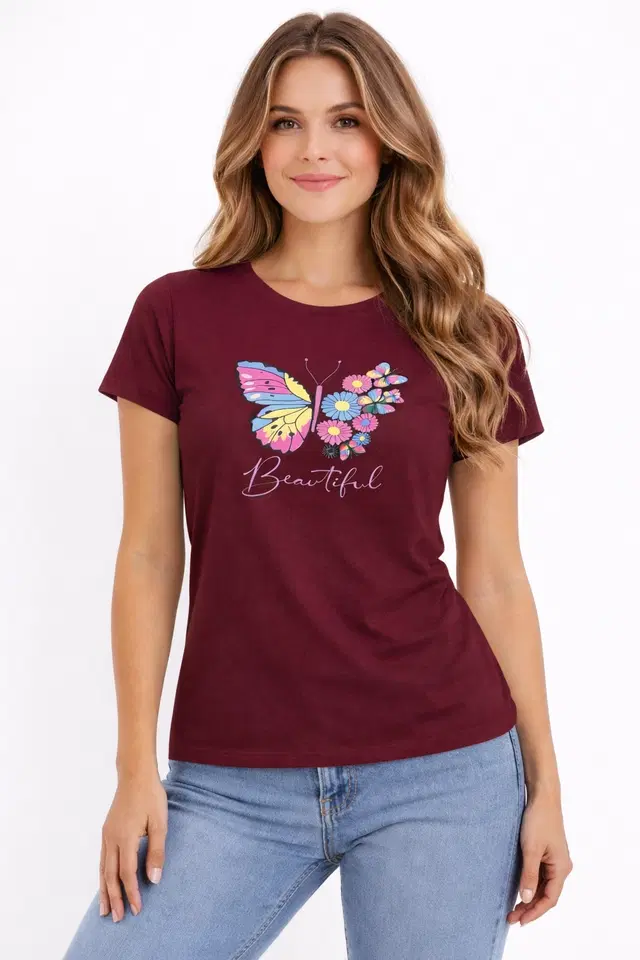 Cotton Blend Printed T-shirt for Men, Maroon (S)