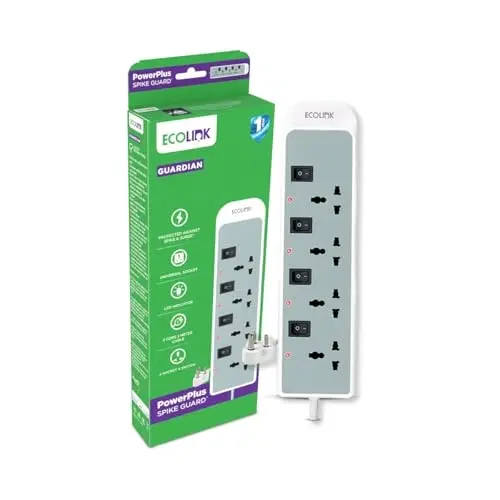 EcoLink PowerPlus 4-Socket 4-Switch 6a Extension | Individual Switch Control | Compact & Portable Power Strip | Home, Office & Travel | Overload & Short Circuit Protection | Pack Of 1