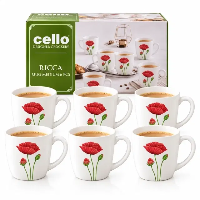 Cello Red Poppy Ricca Mug Medium, 180ml | Set of 6 | Microwave & Dishwasher Safe | Chip-Resistant Opalware | For Tea, Coffee & Milk