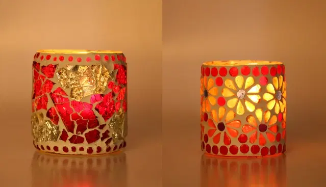 Glass Decorative Tea Light Holders, Multicolor, Pack of 2