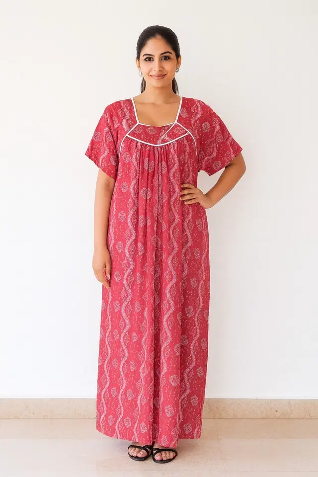 Women's Rani Pink Sleepwear Bandhani Print AOP Nighty, Pack of 1 (L)