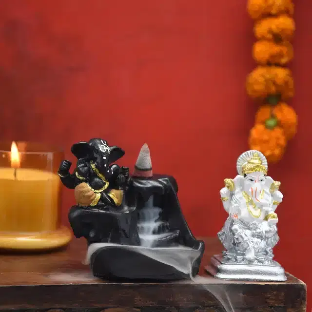 Lord Ganesha Fountain Diffuser with Lord Ganesha Idol, Multicolor, 4 inches, Set of 2