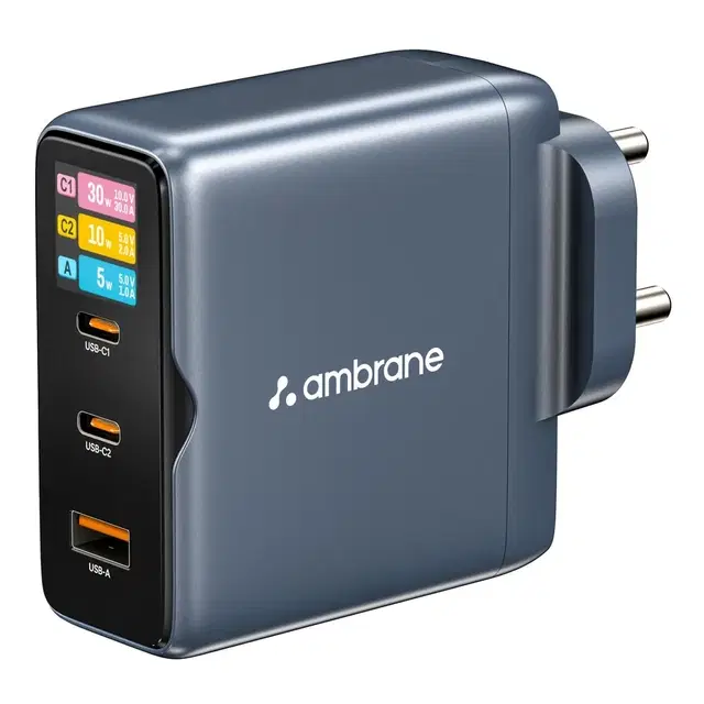 Ambrane 100w Fast Charging Display Charger, Display To Show Power Details, 3 Ports 2 Type C, 1 Usb, Type C Pd Fast Charging For MacBook, iPhone, Type C Laptops, Other Devices (Charge D100, Blue)