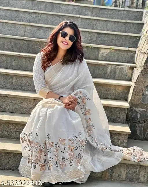 Botanical Printed Chanderi Fabric (White, Free Size)