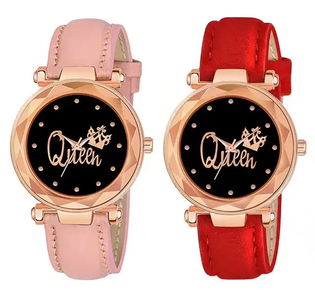 Designer Leather Analog Watch for Women & Girls, Pack of 2 (Red & Peach)