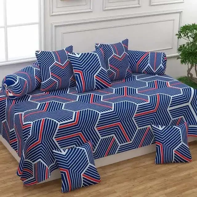 Adirav Polycotton Feel Single Bed Sheet, 2 Bolster covers & 5 Cushion Covers, Navy Blue, ADRV-DW-58