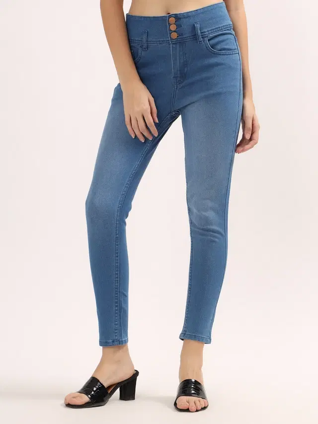 Women's Blue Skinny Fit High Rise Clean Look Regular Length Stretchable High Waist Denim Jeans, Mid Blue 4 (28)