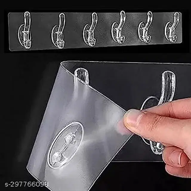 Plastic Self Adhesive Wall Hooks, Transparent, Pack of 6
