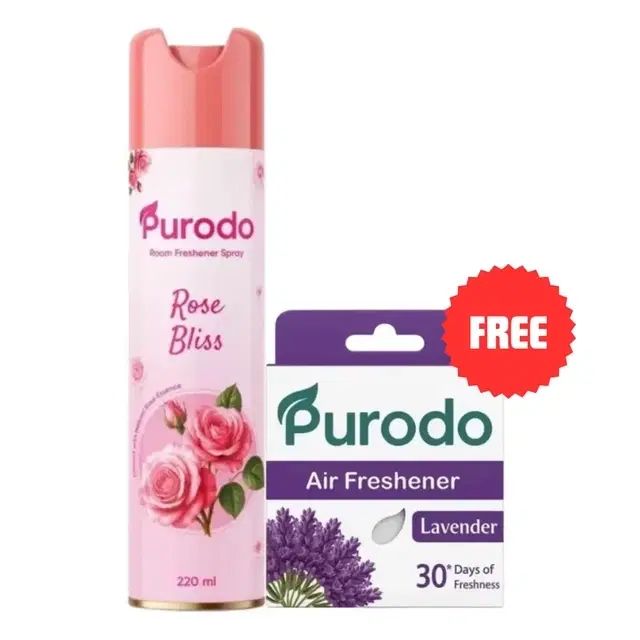 Purodo Air Freshener Spray 220ml Rose Bliss + Air Freshner Block Lavender 50g (Free)