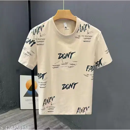 Conversational Print Polycotton T-Shirts for Men ,Beige (M)