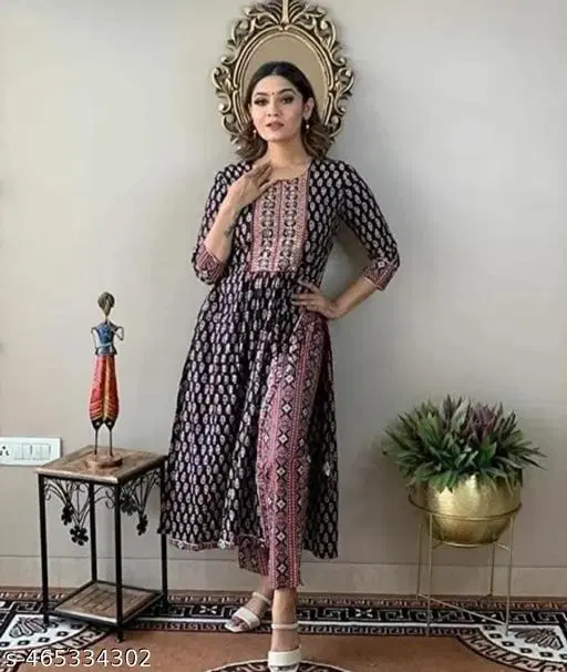 Rayon Printed Kurta with Pant for Women, Multicolor (XXXL)