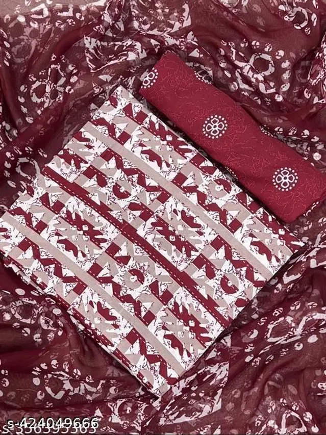 Crepe Printed Unstitched Suits Fabrics for Women (Red & White, 2.25 m)