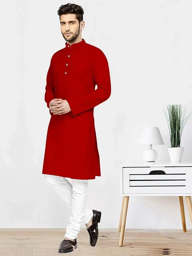 Cotton Blend Solid Kurta for Men, Red (XL)