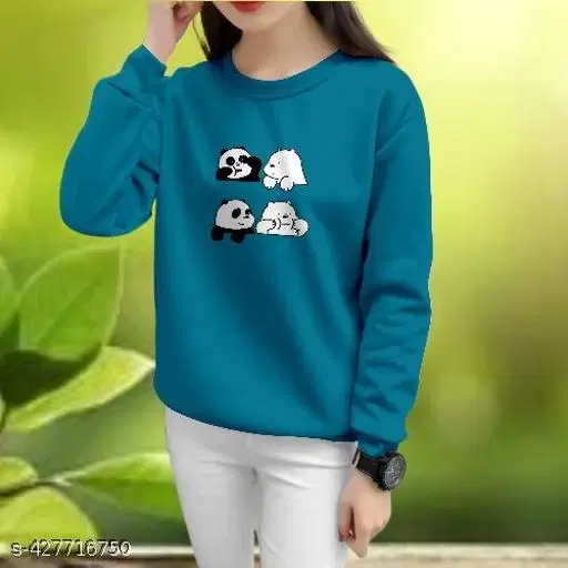 Cotton Printed Sweatshirt for Women (Teal, S)
