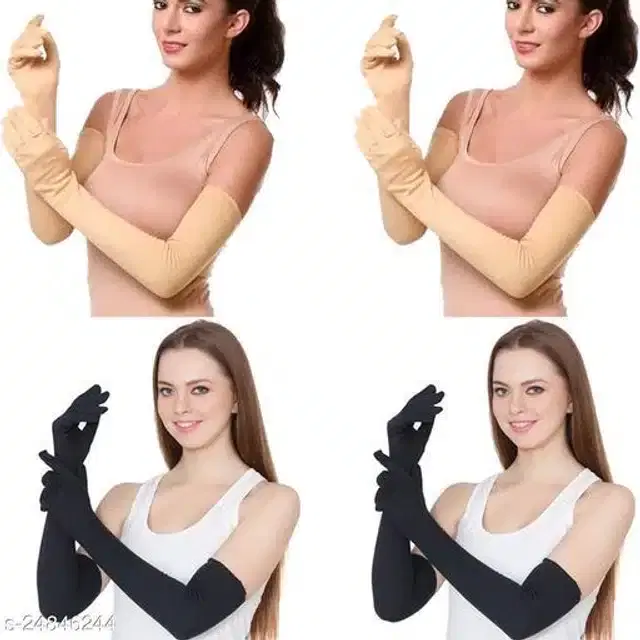 Full Sleeves Hand Gloves for Women, Set of 4 (Black & Beige)