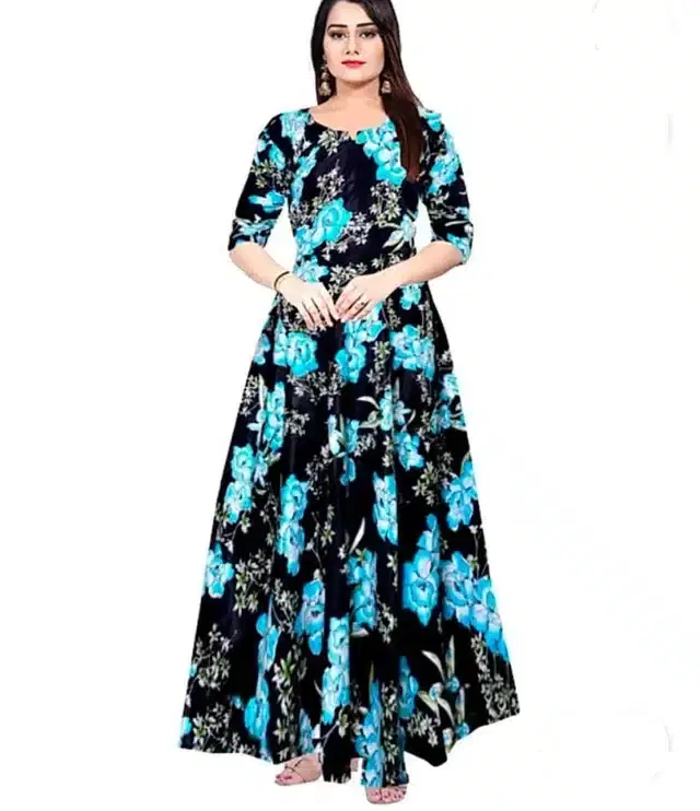 Anarkali Half Sleeves Gown for Women (Black & Aqua Blue, XL)