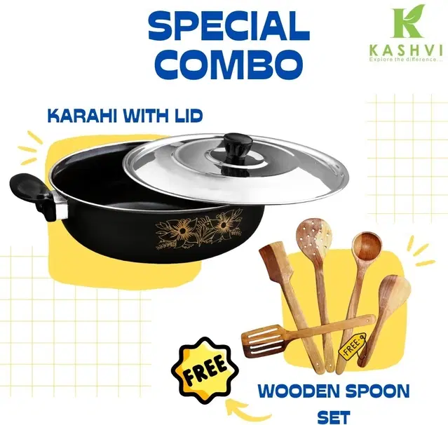 Cast Iron Kadai with 5 Pcs Spatula Set, Multicolor, Set of 2