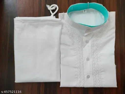 Cotton Solid Kurta Set for Men, White (M)