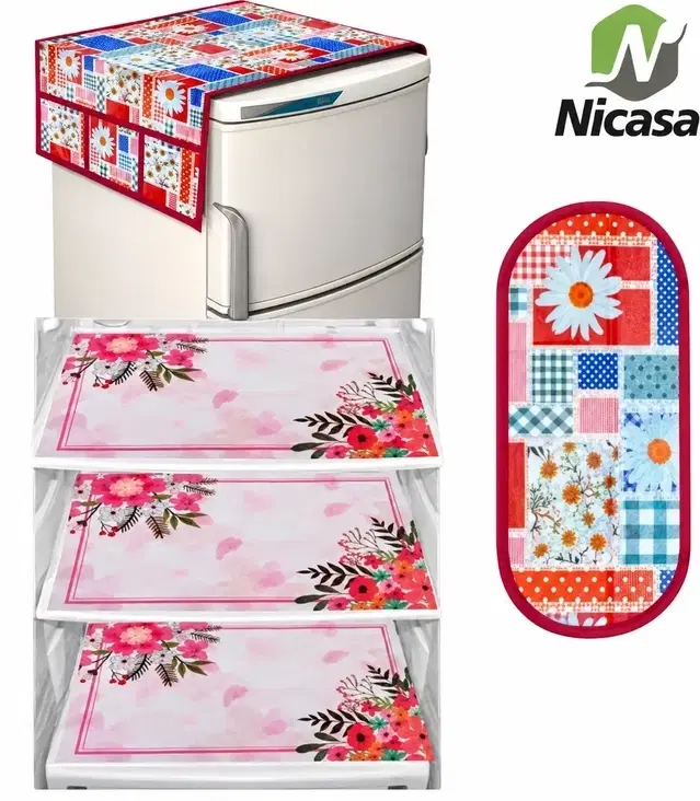 Waterproof Fridge Cover, With 3xFridge Mat And 1 xHandle Cover Pack Of 5 Red Abstract