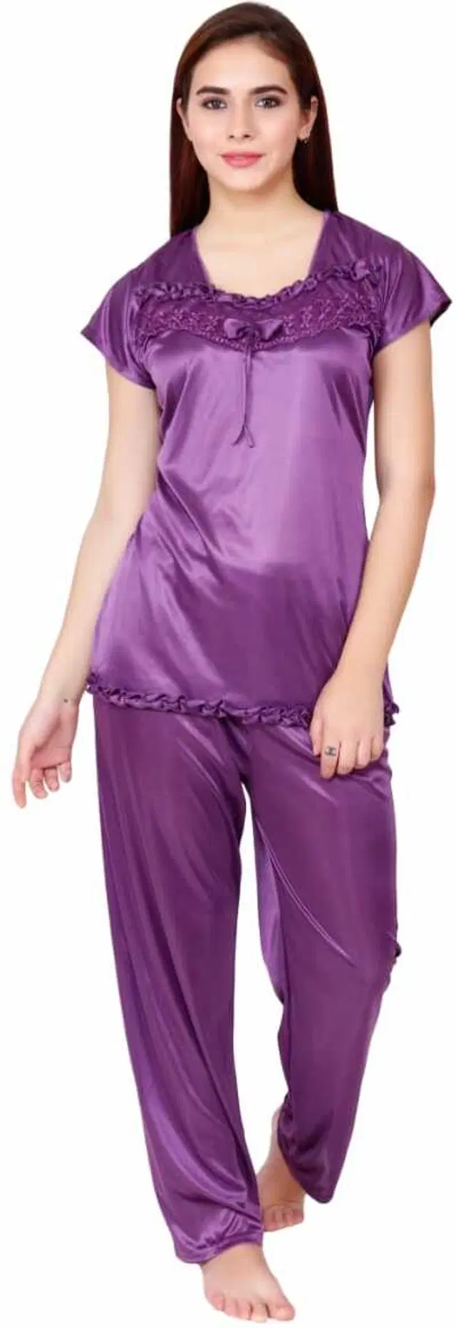 Satin Solid Nightsuit Set for Women (Purple, Free Size)