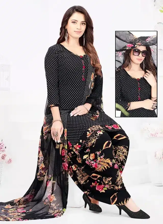 Printed Dress Material for Women (Black)