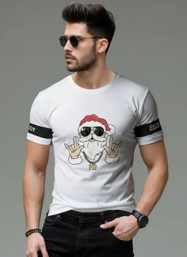 Polyester Printed T-shirt for Men, White (XL)